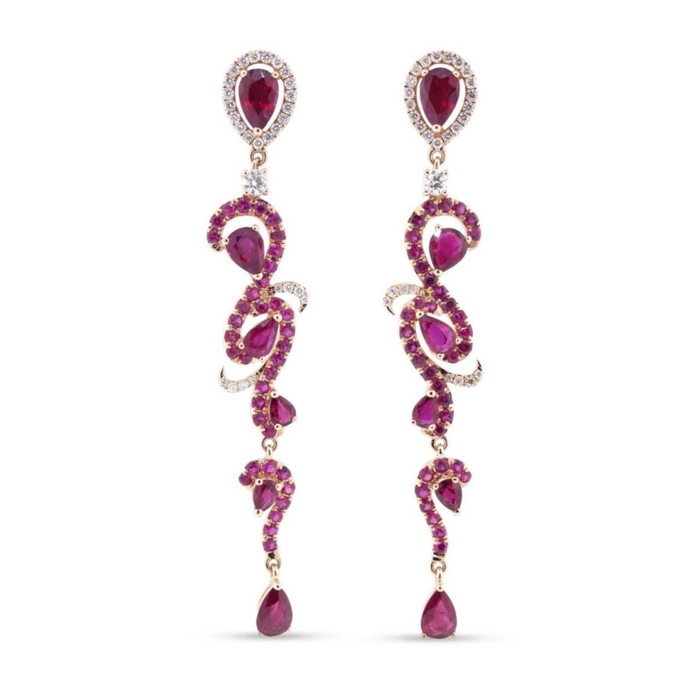 Ruby Drop Dangle 18k Rose Gold Intricate Earrings - image 1